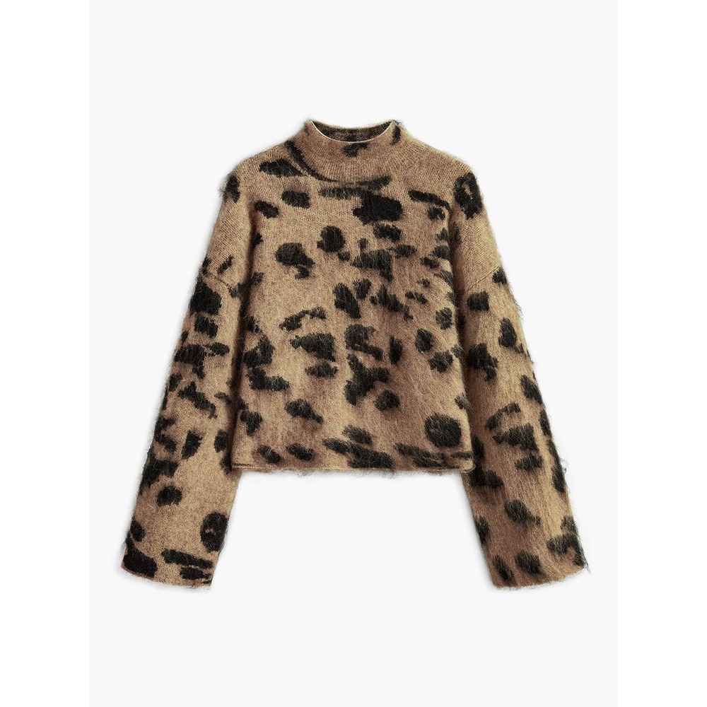 Commense Leopard Print Mock Neck Sweater Fuzzy Knit Pullover Chic Cozy Top - Picture 8 of 11